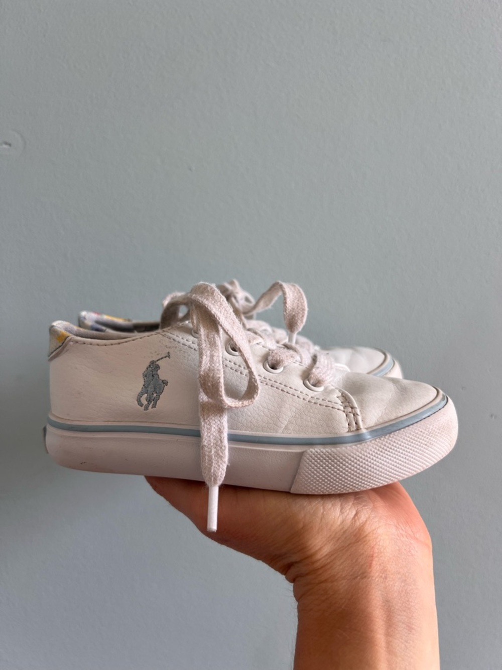 Polo by Ralph Lauren Kids White Low-Top Sneaker with Light Blue Trim and flowers